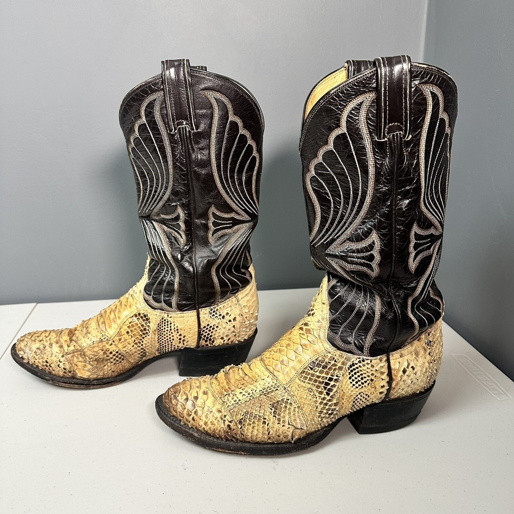Vintage Tony Lama Tan Snake Skin & Black Leather Size 4 Western Cowboy Boot USA - Picture 3 of 9